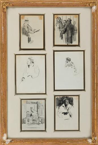 DAVID LEVINE Group of 6 drawings of figures.